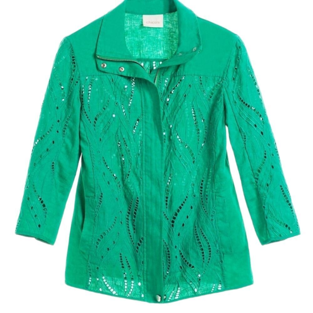 Chico's Green Eyelet Linen Jacket Womens size Small NEW TAGS